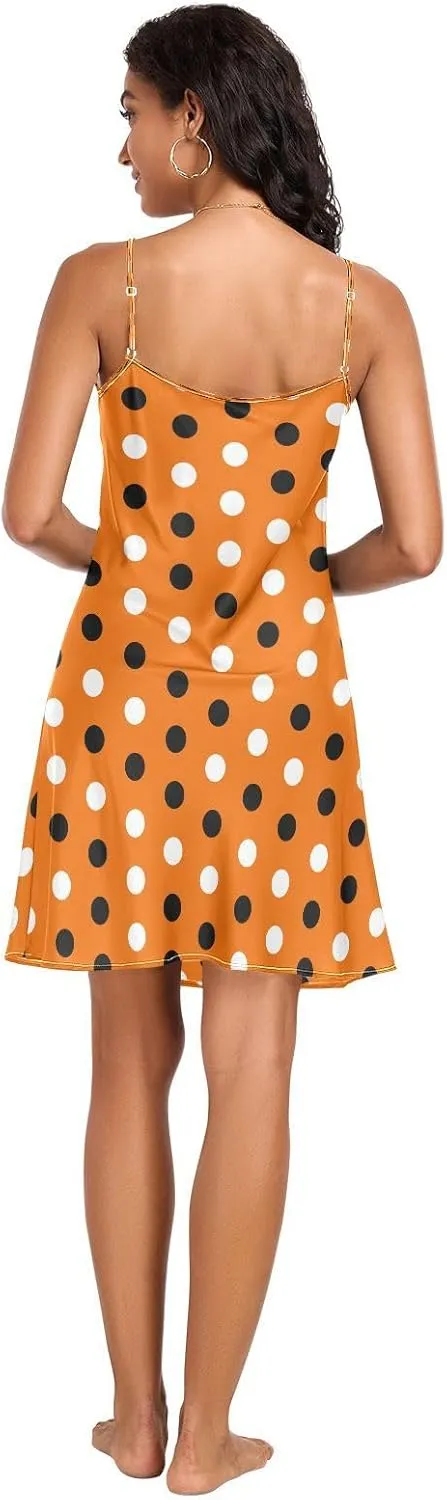 Halloween Polka Dot Slip Nightgowns for Women, Adjustable Spaghetti Strap V Neck Soft Lounge Slip Dress, S