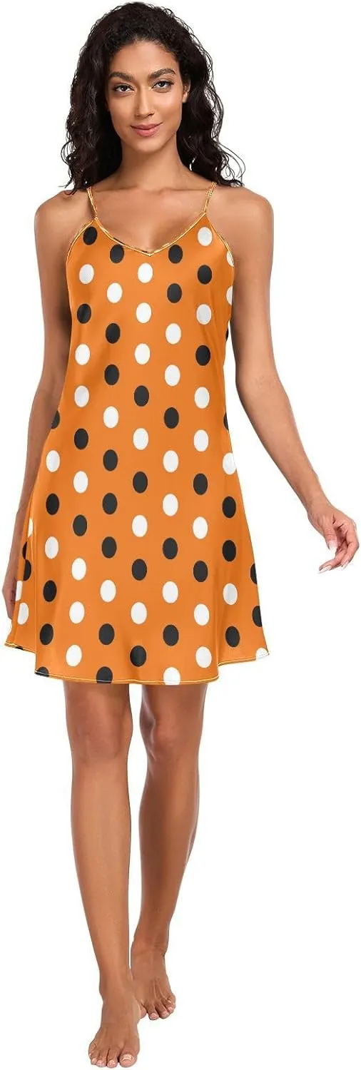Halloween Polka Dot Slip Nightgowns for Women, Adjustable Spaghetti Strap V Neck Soft Lounge Slip Dress, S