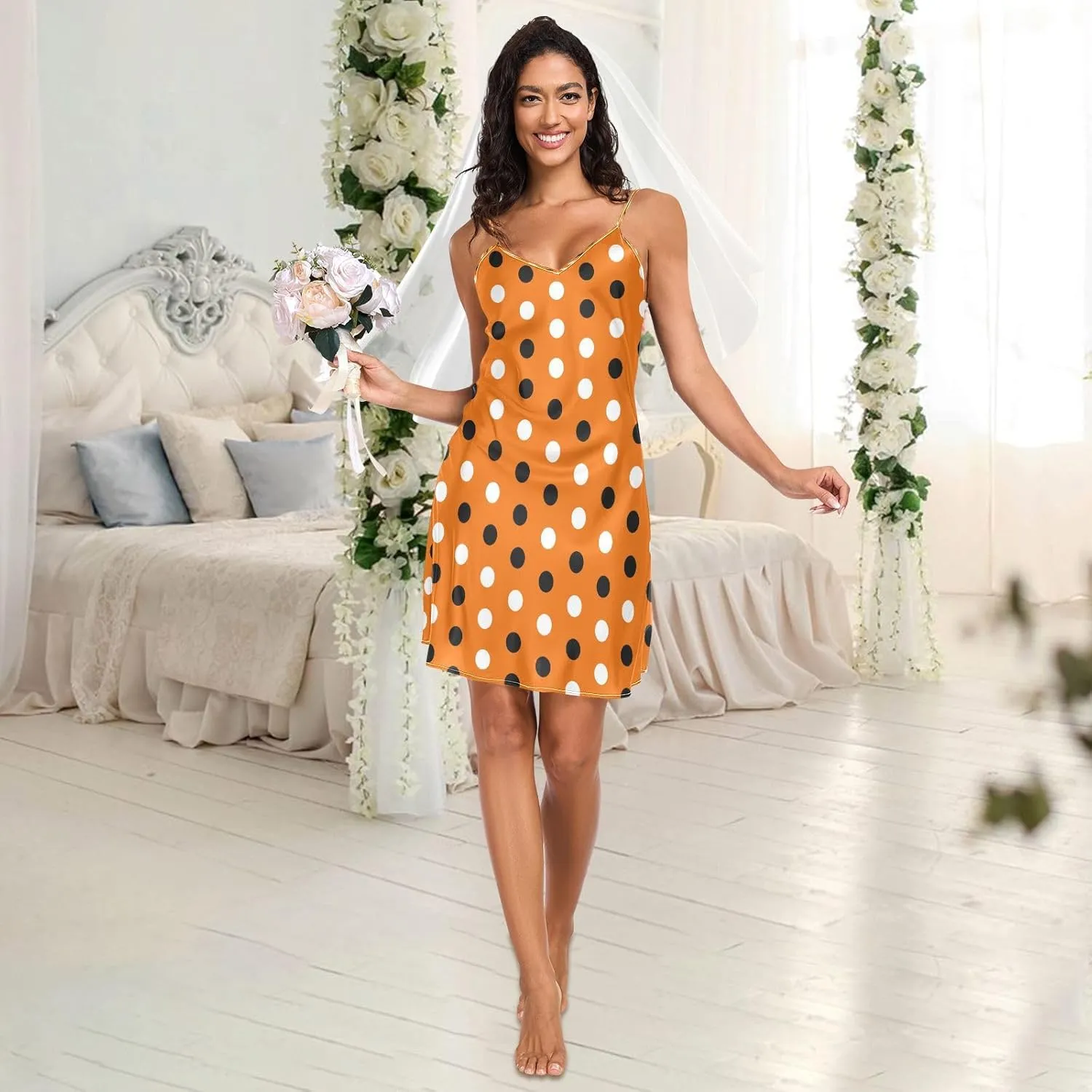 Halloween Polka Dot Slip Nightgowns for Women, Adjustable Spaghetti Strap V Neck Soft Lounge Slip Dress, S
