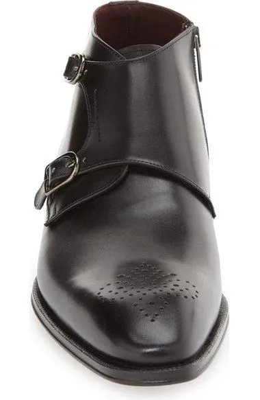 Handmade Black Leather Double Monk Boots for Men