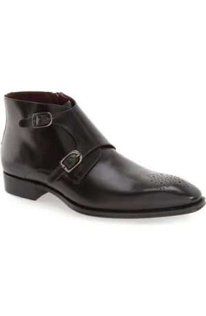 Handmade Black Leather Double Monk Boots for Men