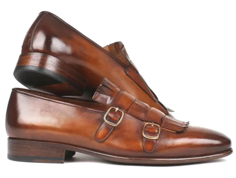 Handmade Brown Fringe Monk Strap Leather Shoes for Men