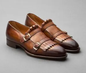 Handmade Brown Fringe Monk Strap Leather Shoes for Men