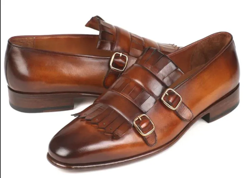 Handmade Brown Fringe Monk Strap Leather Shoes for Men