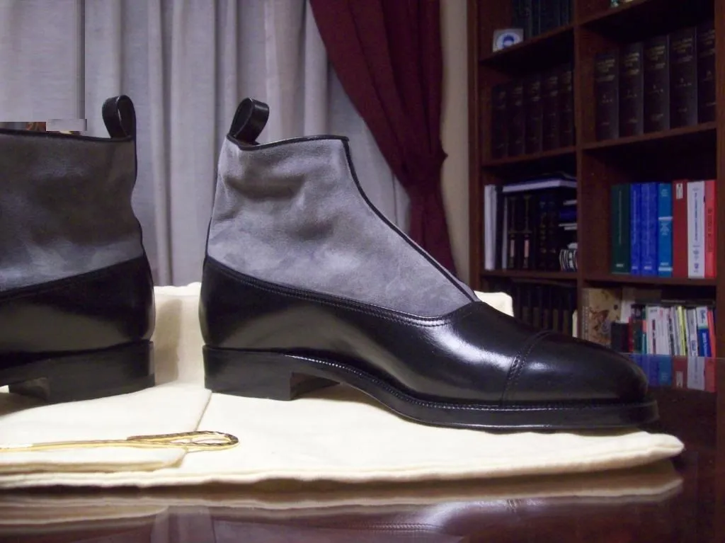 Handmade Two Tone Black Leather and Gray Suede Ankle Boots