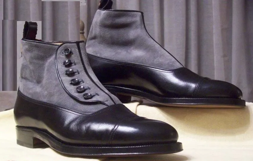 Handmade Two Tone Black Leather and Gray Suede Ankle Boots