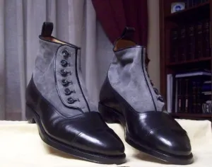 Handmade Two Tone Black Leather and Gray Suede Ankle Boots