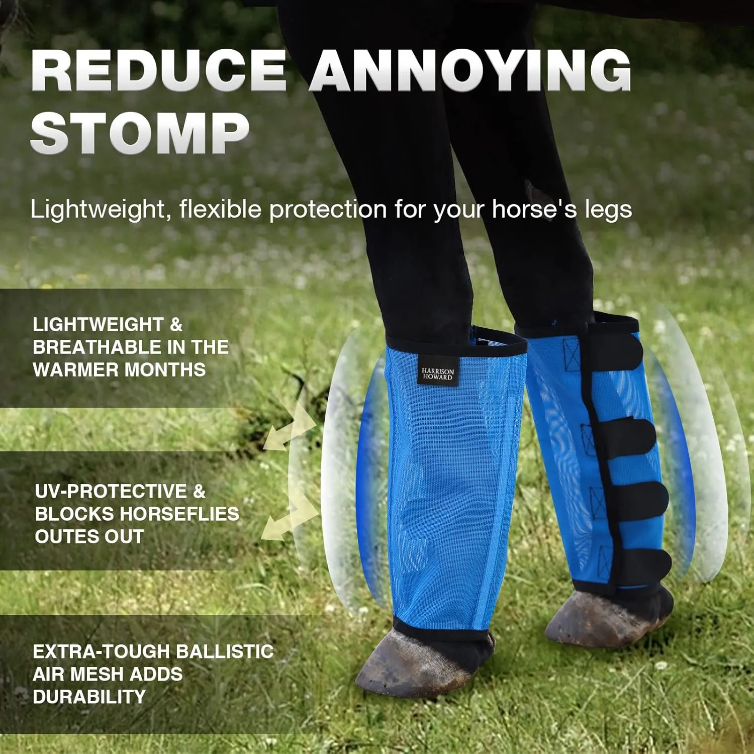 Harrison Howard Loose Fitting Fly Boots UV-Protective Extra Tough Mesh Ventilated Four Fasteners Stay-on Design Protect Horse Legs & Stomp-Reducing Set of 4 Sky Blue Large