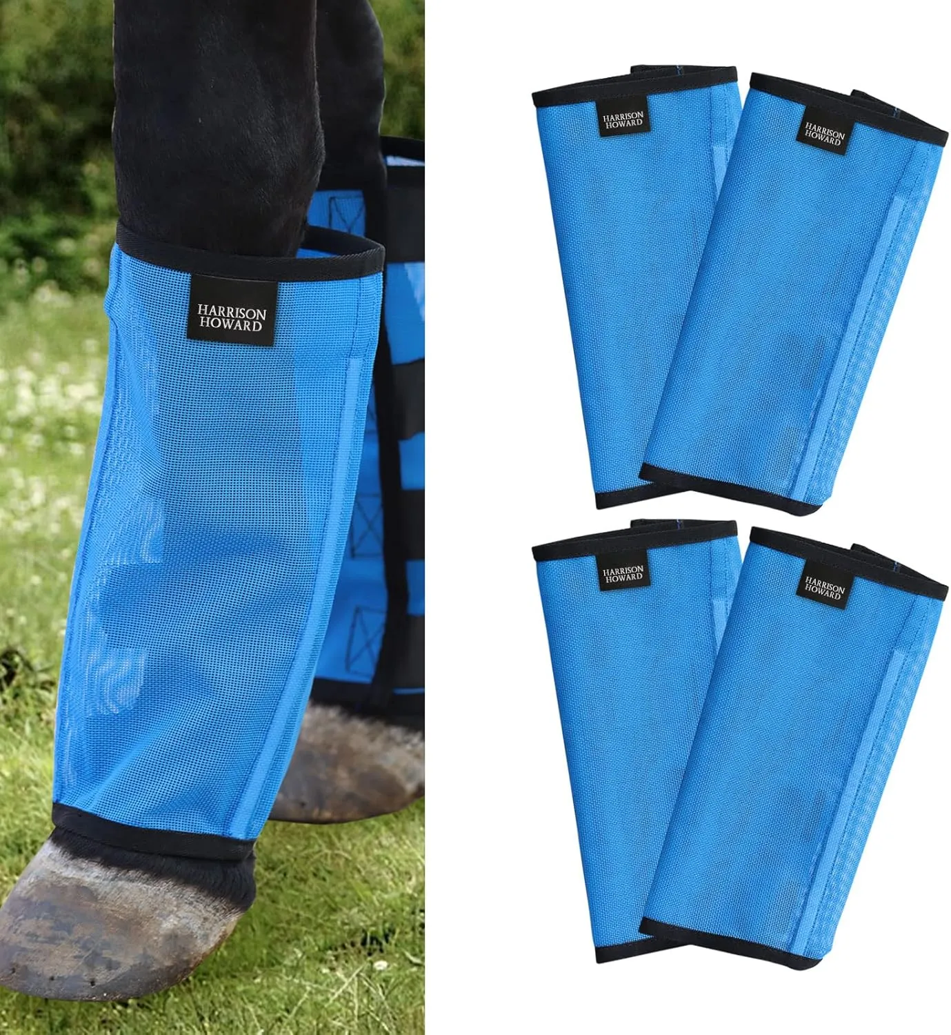 Harrison Howard Loose Fitting Fly Boots UV-Protective Extra Tough Mesh Ventilated Four Fasteners Stay-on Design Protect Horse Legs & Stomp-Reducing Set of 4 Sky Blue Large