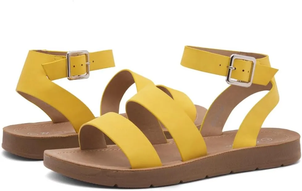 Herstyle Needed Me Women's Flat Sandals, Open Toe Two Bands with Ankle Strap and Buckle, Lightweight Sandals with Cushioned Footbed for Summer Walking and Daily Wear