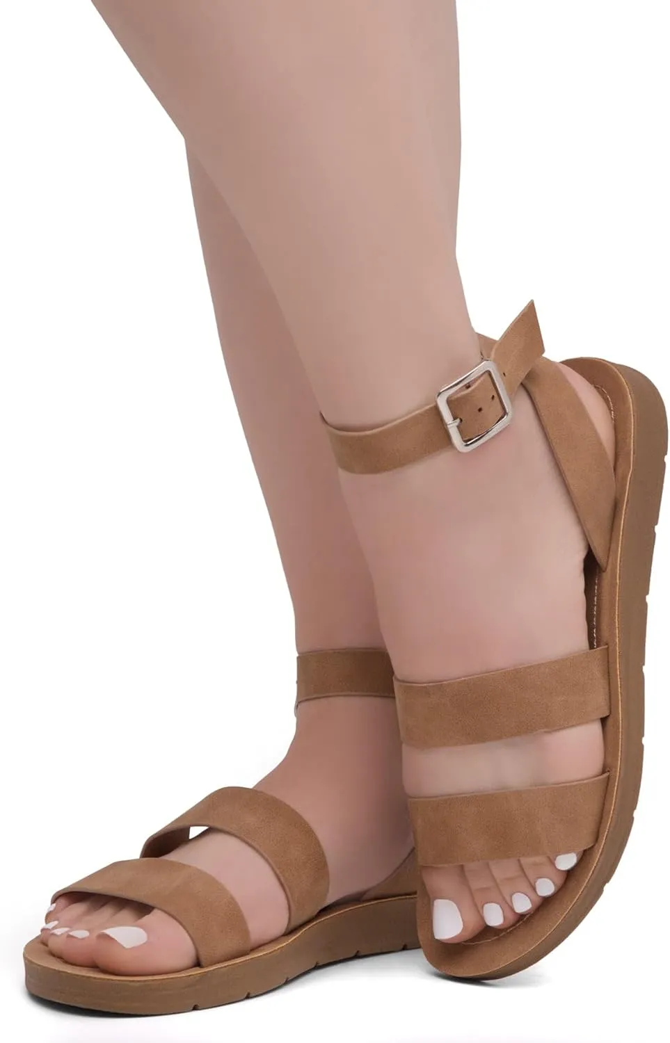 Herstyle Needed Me Women's Flat Sandals, Open Toe Two Bands with Ankle Strap and Buckle, Lightweight Sandals with Cushioned Footbed for Summer Walking and Daily Wear