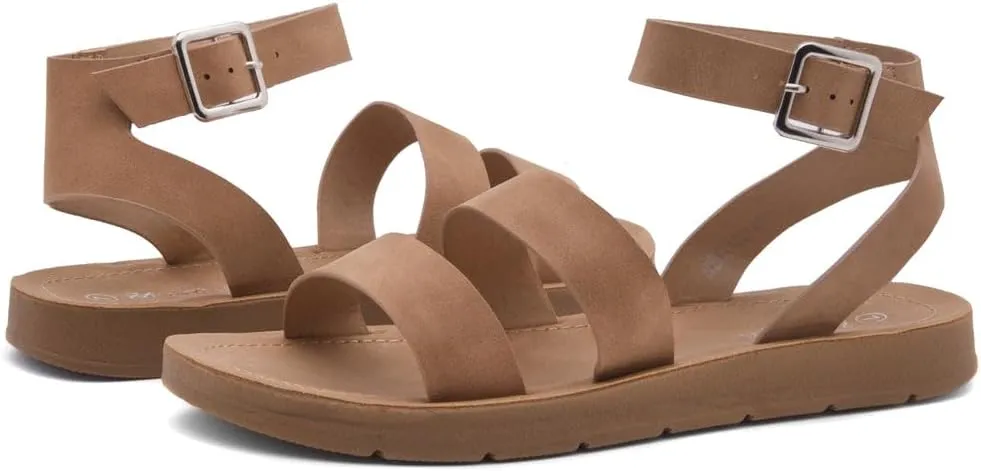 Herstyle Needed Me Women's Flat Sandals, Open Toe Two Bands with Ankle Strap and Buckle, Lightweight Sandals with Cushioned Footbed for Summer Walking and Daily Wear