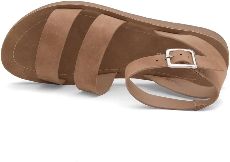 Herstyle Needed Me Women's Flat Sandals, Open Toe Two Bands with Ankle Strap and Buckle, Lightweight Sandals with Cushioned Footbed for Summer Walking and Daily Wear