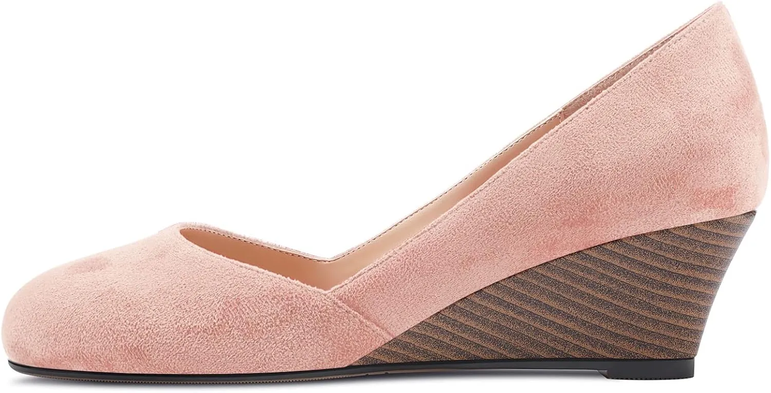 HEUIVZAR Slip On Wedge Pumps for Womens Closed Round Toe Mid Chunky Block Heel Suede Casual Comfort Dress Shoes 2 Inch