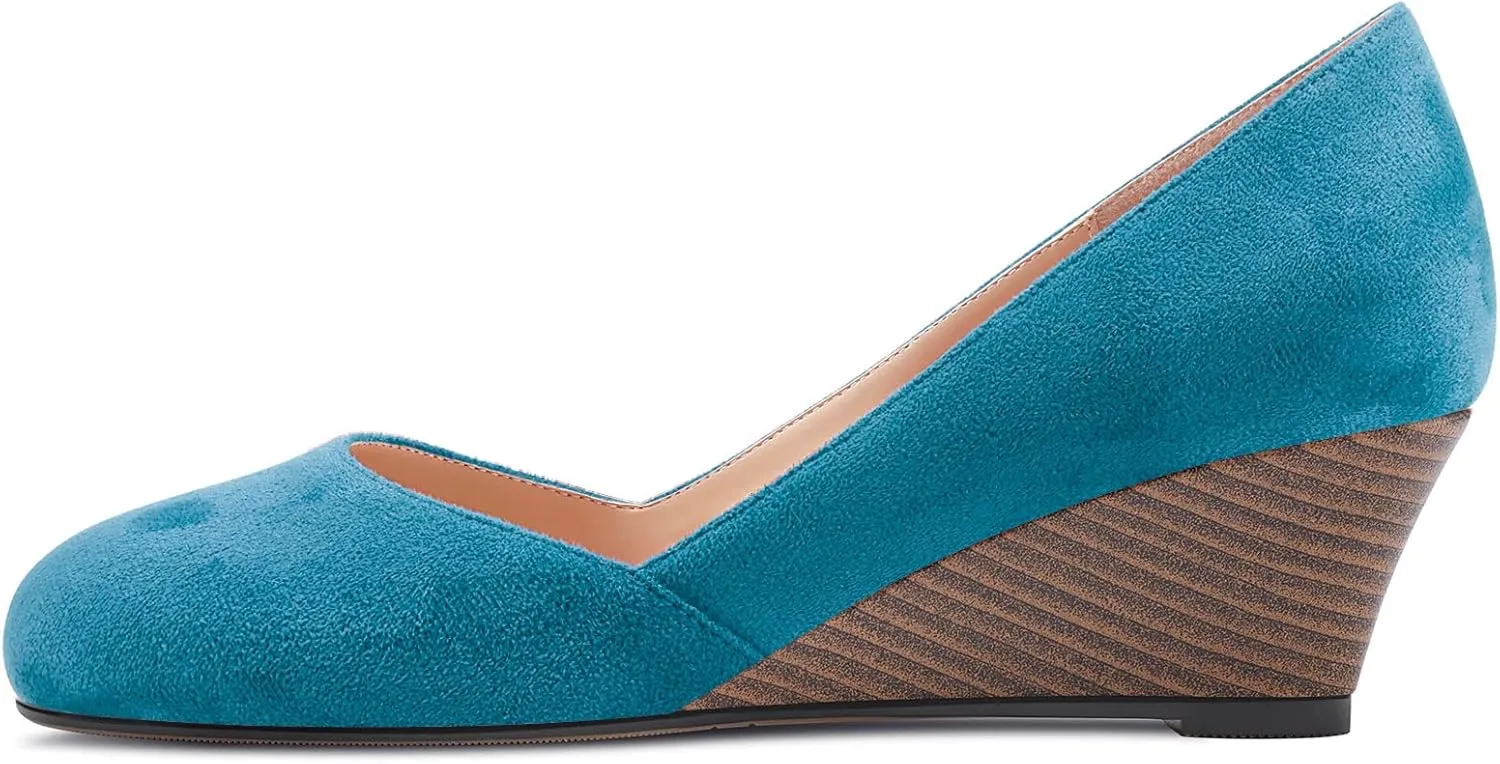 HEUIVZAR Slip On Wedge Pumps for Womens Closed Round Toe Mid Chunky Block Heel Suede Casual Comfort Dress Shoes 2 Inch