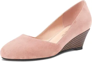 HEUIVZAR Slip On Wedge Pumps for Womens Closed Round Toe Mid Chunky Block Heel Suede Casual Comfort Dress Shoes 2 Inch