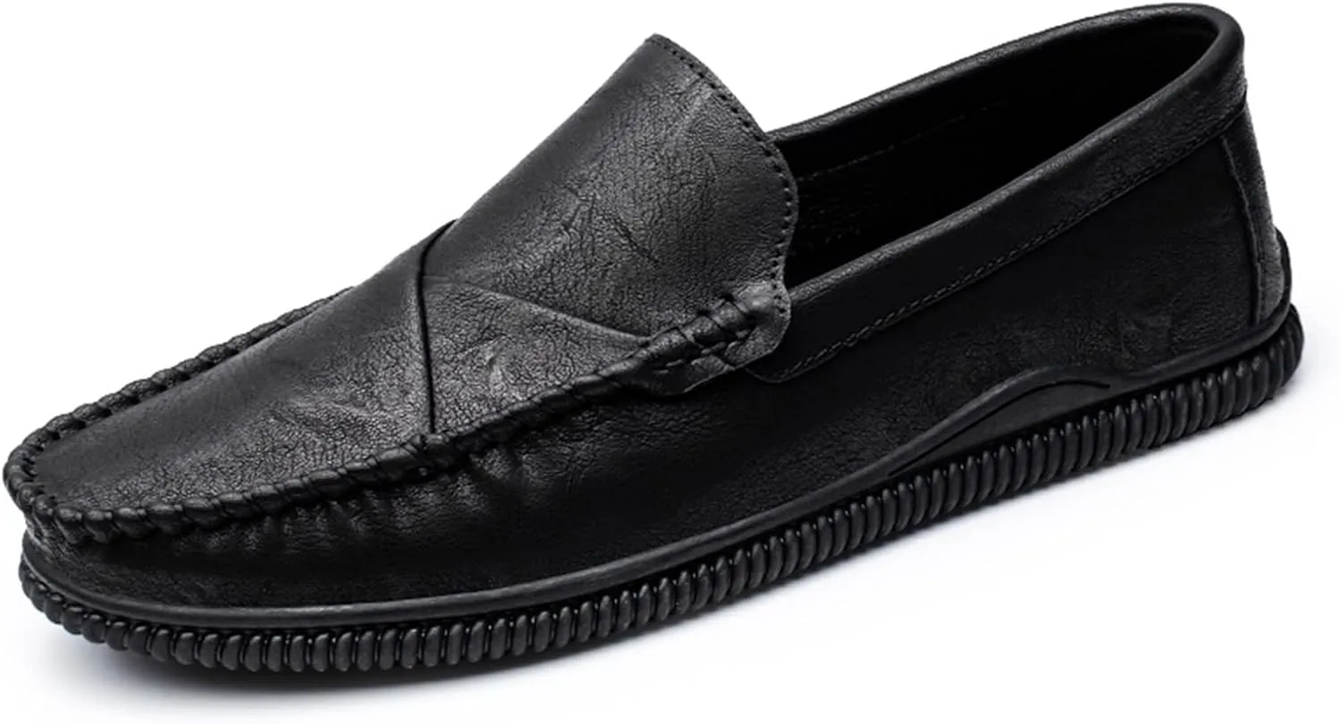 HOOENG Loafer Shoes Driving Moccasins for Men Vegan Leather Stitching Details Round Toe Anti-Slip Lightweight Flat Heel Resistant Walking Slip on