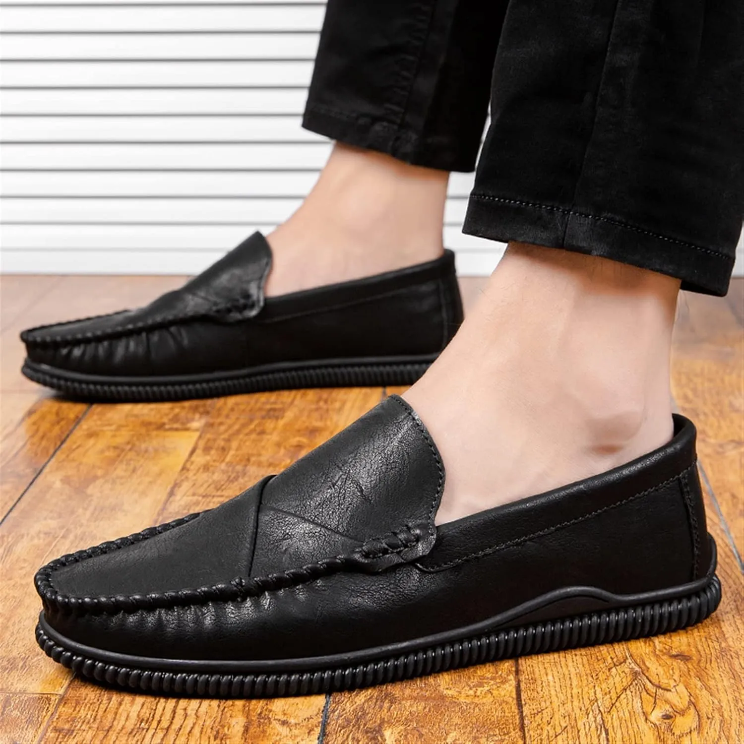 HOOENG Loafer Shoes Driving Moccasins for Men Vegan Leather Stitching Details Round Toe Anti-Slip Lightweight Flat Heel Resistant Walking Slip on