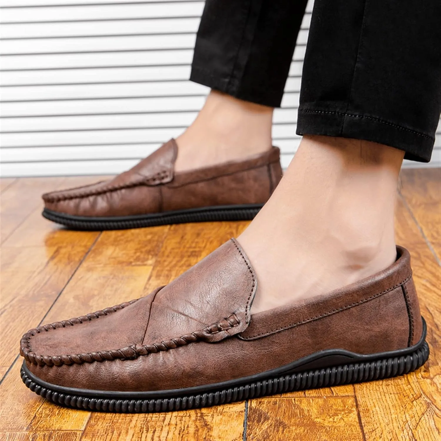 HOOENG Loafer Shoes Driving Moccasins for Men Vegan Leather Stitching Details Round Toe Anti-Slip Lightweight Flat Heel Resistant Walking Slip on