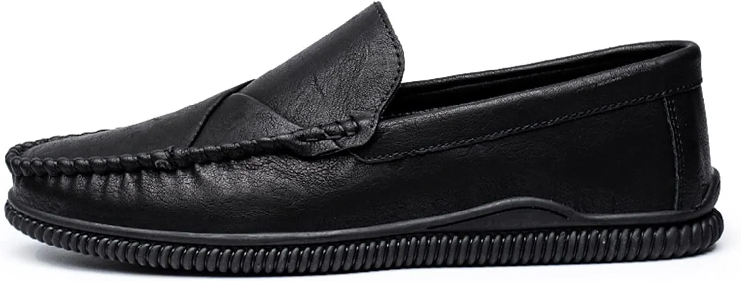HOOENG Loafer Shoes Driving Moccasins for Men Vegan Leather Stitching Details Round Toe Anti-Slip Lightweight Flat Heel Resistant Walking Slip on