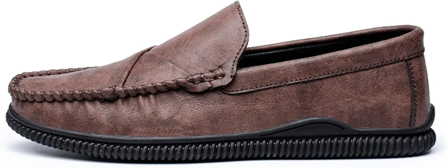 HOOENG Loafer Shoes Driving Moccasins for Men Vegan Leather Stitching Details Round Toe Anti-Slip Lightweight Flat Heel Resistant Walking Slip on