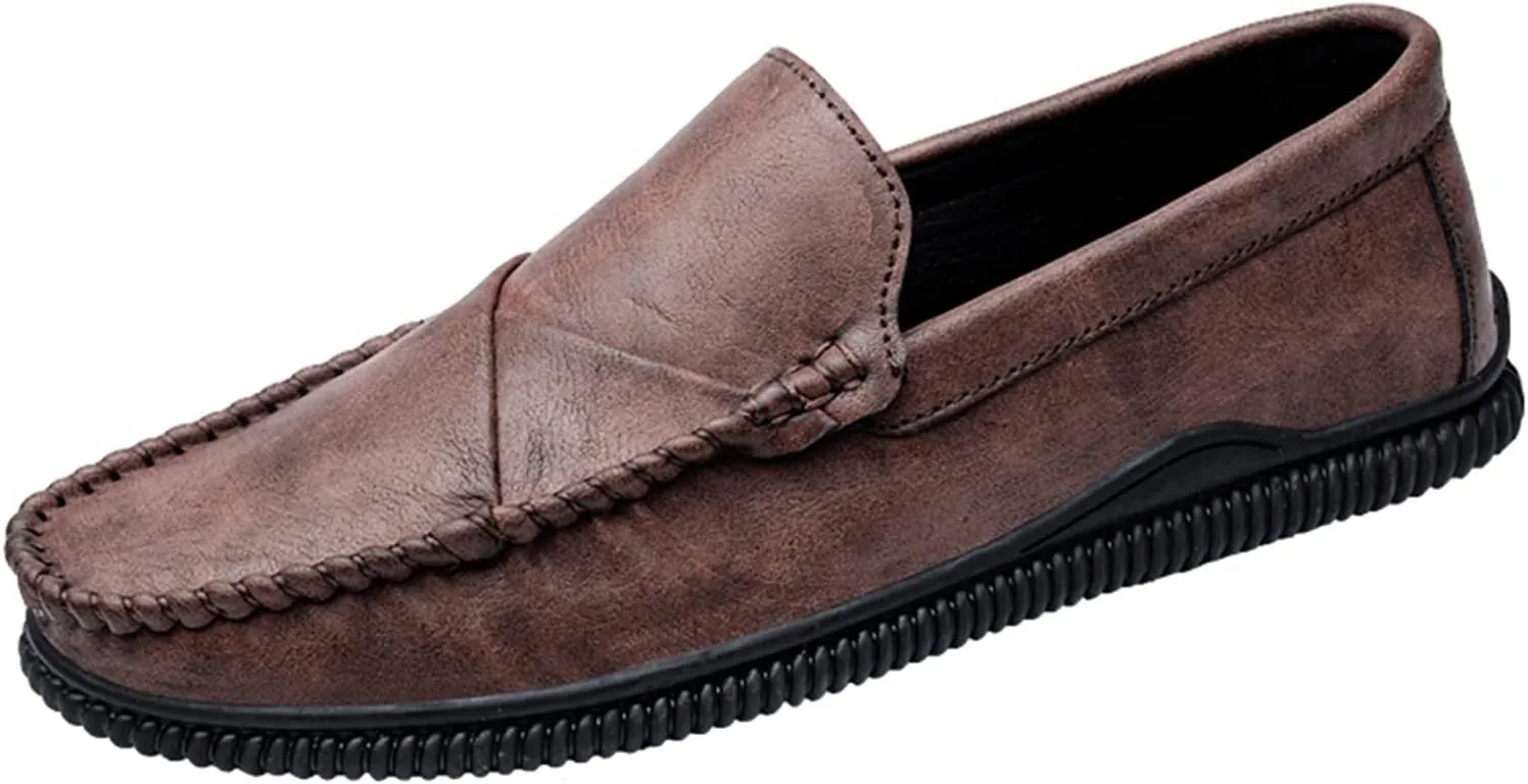 HOOENG Loafer Shoes Driving Moccasins for Men Vegan Leather Stitching Details Round Toe Anti-Slip Lightweight Flat Heel Resistant Walking Slip on