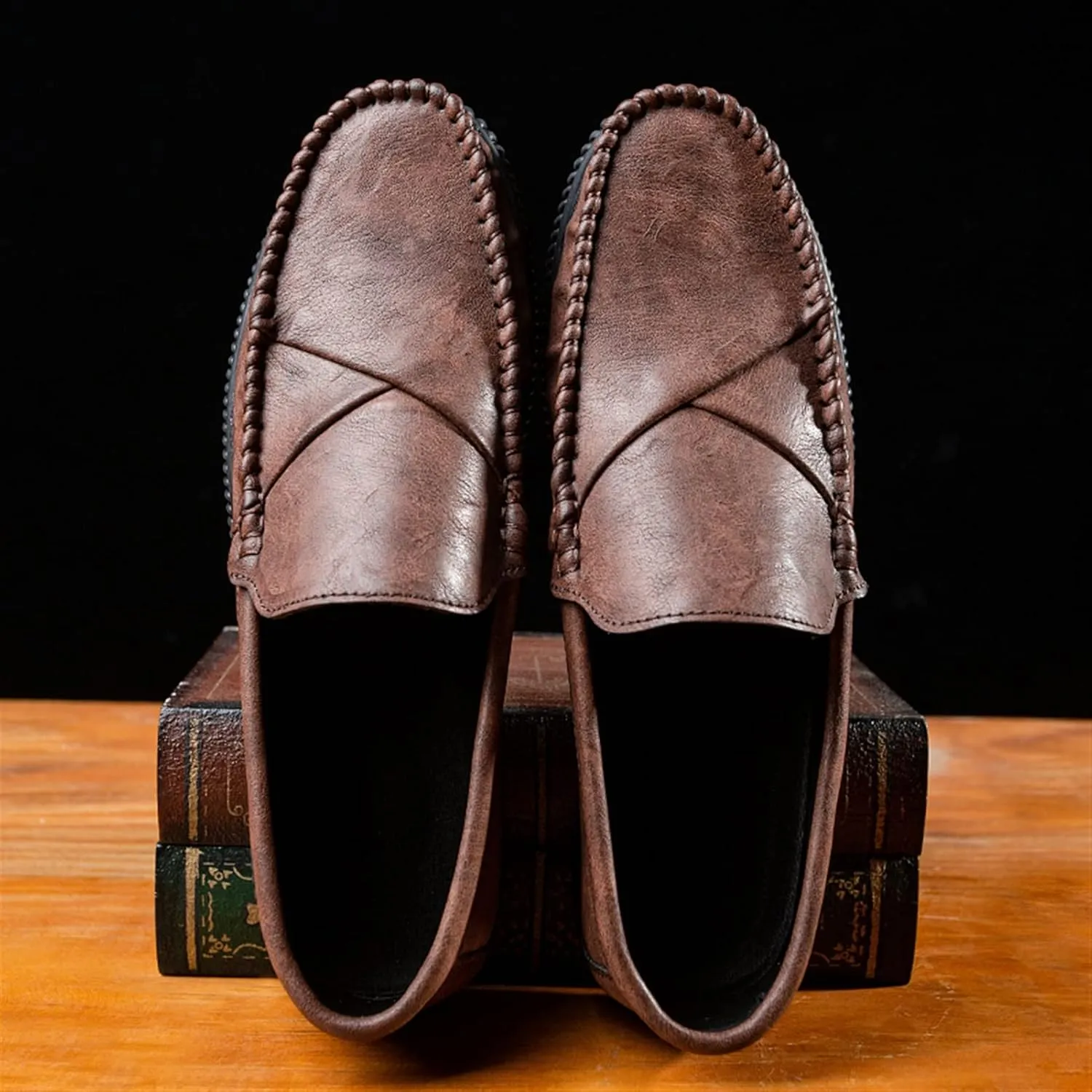 HOOENG Loafer Shoes Driving Moccasins for Men Vegan Leather Stitching Details Round Toe Anti-Slip Lightweight Flat Heel Resistant Walking Slip on