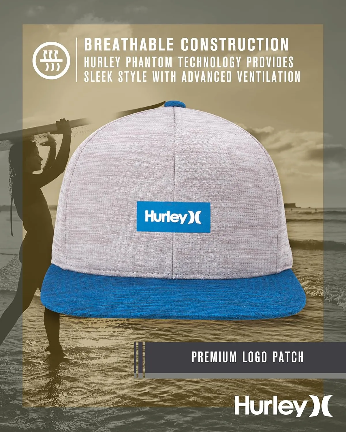 Hurley Men's Baseball Cap - Lightweight H20 Dri Dock Flat Brim Ball Caps for Men with Adjustable Snap Back Closure