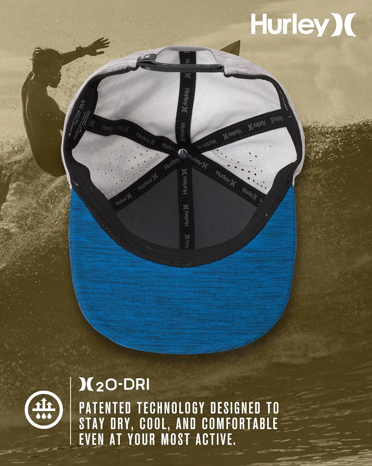 Hurley Men's Baseball Cap - Lightweight H20 Dri Dock Flat Brim Ball Caps for Men with Adjustable Snap Back Closure