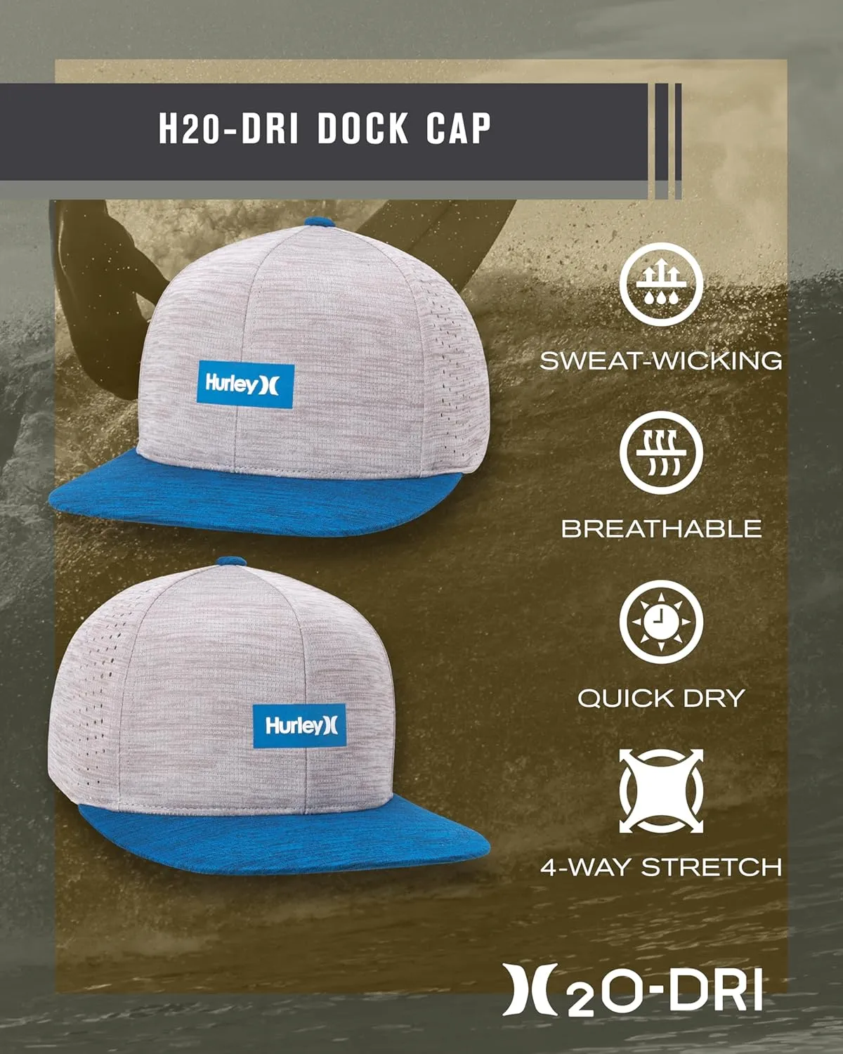 Hurley Men's Baseball Cap - Lightweight H20 Dri Dock Flat Brim Ball Caps for Men with Adjustable Snap Back Closure