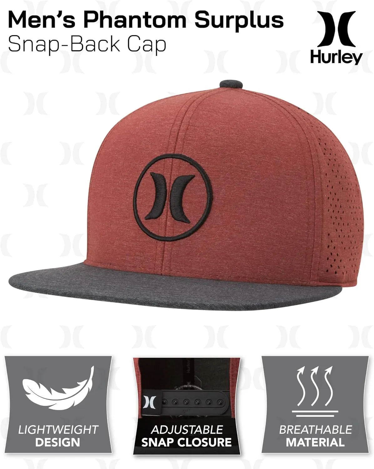 Hurley Men’s Hat – Lightweight Phantom Core Snap-Back Baseball Cap