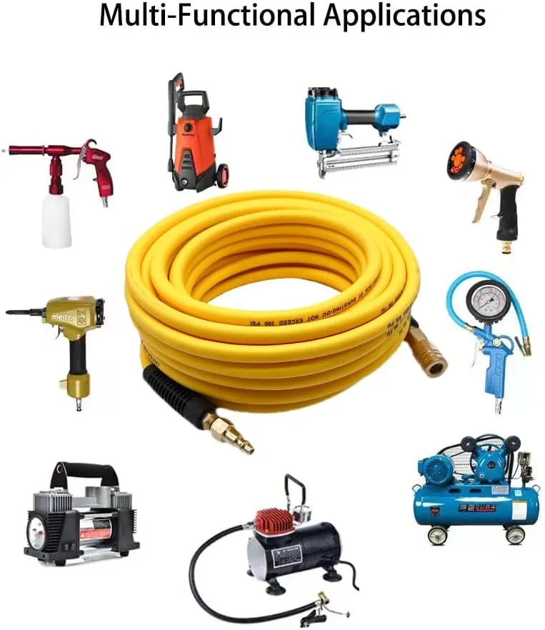 Hybrid Air Hose 1/4-Inch x 50FT，Air Compressor Hose 300 PSI Heavy Duty, Lightweight, Kink Resistant, All-Weather Flexibility with 1/4-Inch Industrial Air Fittings and Bend Restrictors,Yellow