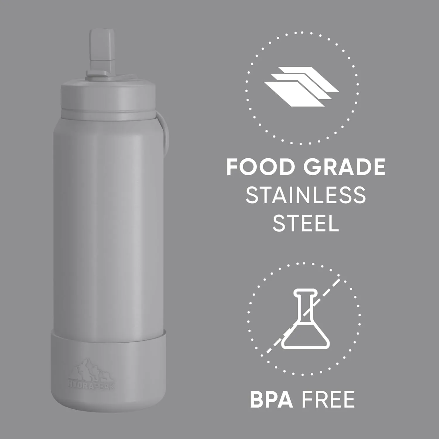 Hydrapeak 26oz Sport Insulated Water Bottle with Straw or Chug Lid, Leak & Spill Proof, Keeps Drinks Cold for 24 Hours, Hot for 12 Hours, Premium Stainless Steel Water Bottles (26oz, Grey)