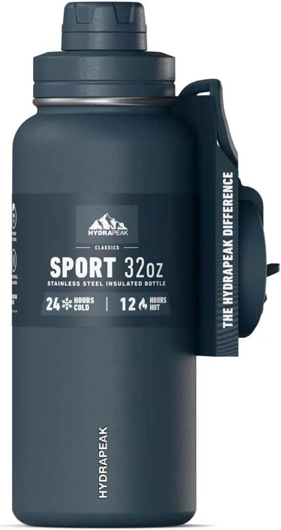 Hydrapeak 32oz Sport Insulated Water Bottle with Straw & Chug Lid, Leak & Spill Proof, Keeps Drinks Cold for 24 Hours, Hot for 12 Hours, Premium Stainless Steel Water Bottles (32oz, Nightfall)
