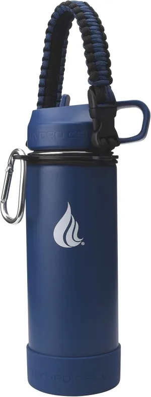 HYDRO CELL Stainless Steel Water Bottle w/Straw & Wide Mouth Lids (Navy 18oz with Navy Protective Silicone Bottom Boot, Navy/Black Paracord Handle and Navy Sports Cap w/Straw)
