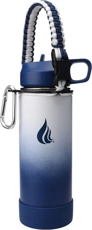 HYDRO CELL Stainless Steel Water Bottle w/Straw & Wide Mouth Lids (Navy/White 18oz with Navy Protective Silicone Bottom Boot, Navy/White Paracord Handle and Navy Sports Cap w/Straw)