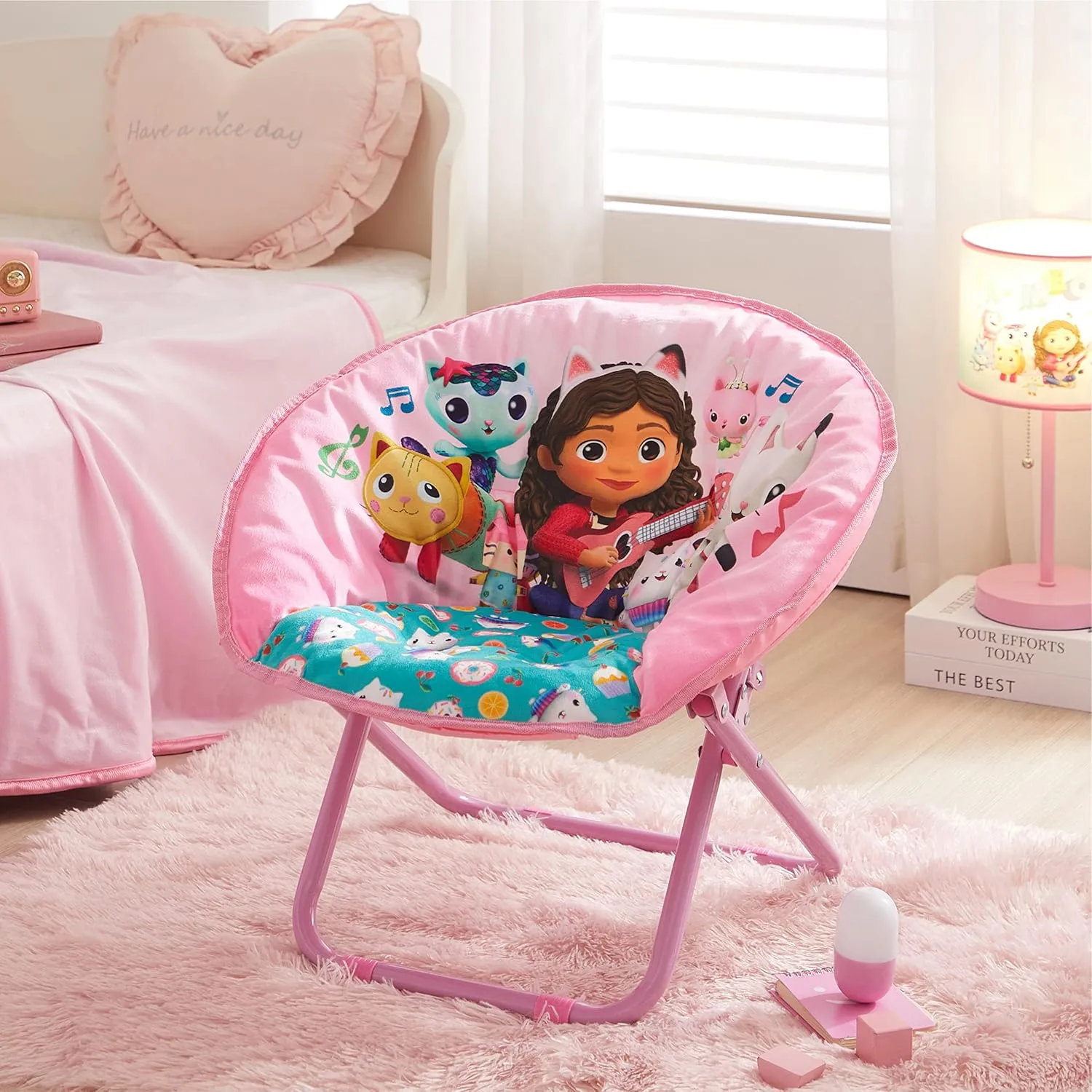 Idea Nuova Gabby's Dollhouse Toddler 19” Folding Saucer™ Chair with Cushion and Metal Frame, Ages 3 