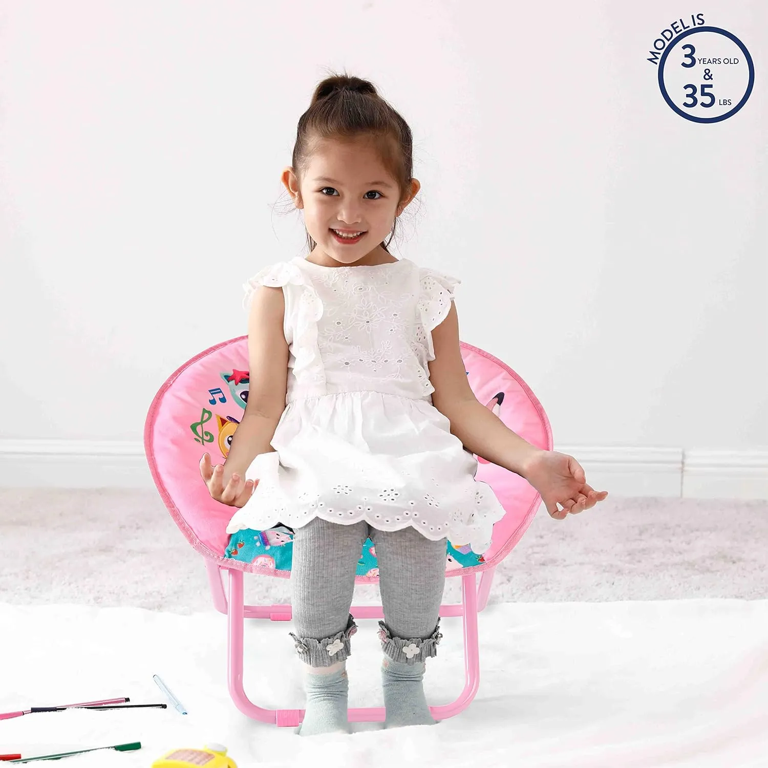 Idea Nuova Gabby's Dollhouse Toddler 19” Folding Saucer™ Chair with Cushion and Metal Frame, Ages 3 