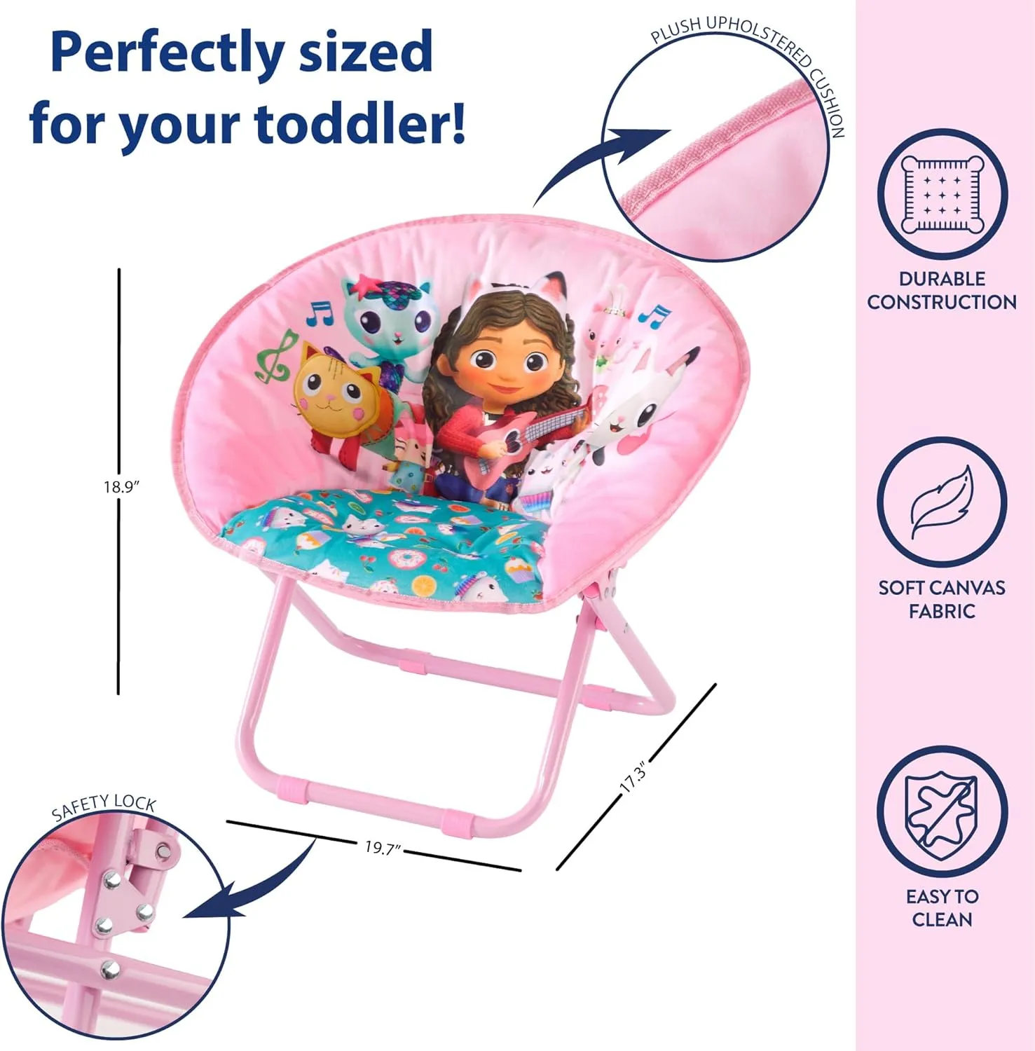 Idea Nuova Gabby's Dollhouse Toddler 19” Folding Saucer™ Chair with Cushion and Metal Frame, Ages 3 