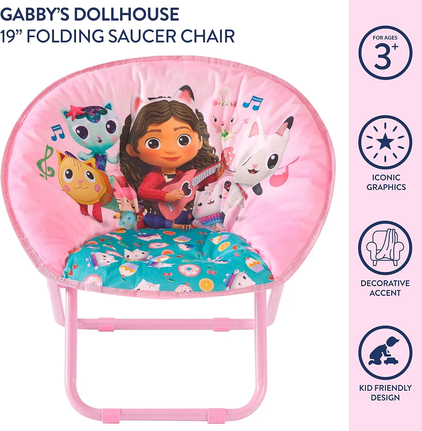 Idea Nuova Gabby's Dollhouse Toddler 19” Folding Saucer™ Chair with Cushion and Metal Frame, Ages 3 