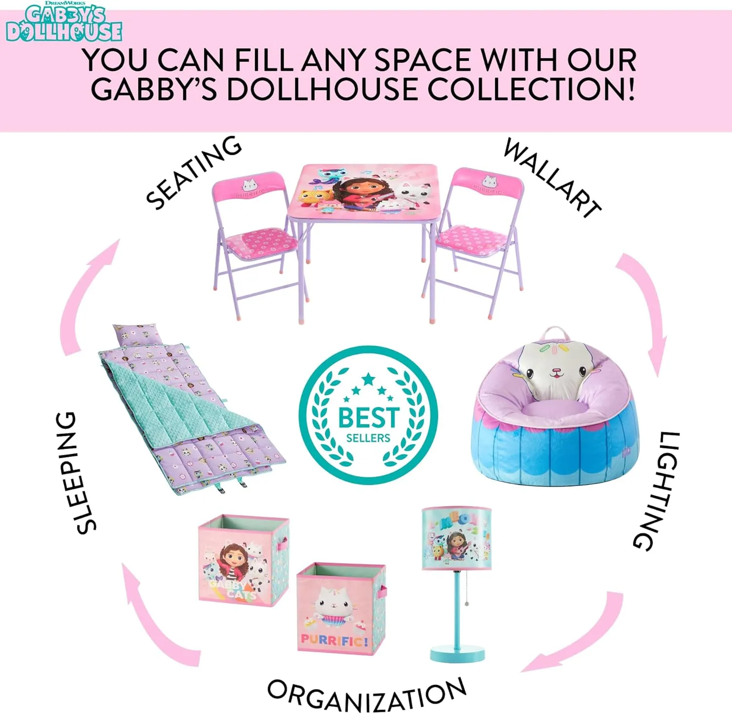 Idea Nuova Gabby's Dollhouse Toddler 19” Folding Saucer™ Chair with Cushion and Metal Frame, Ages 3 