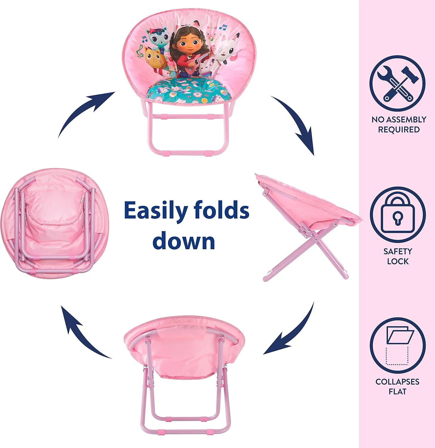 Idea Nuova Gabby's Dollhouse Toddler 19” Folding Saucer™ Chair with Cushion and Metal Frame, Ages 3 