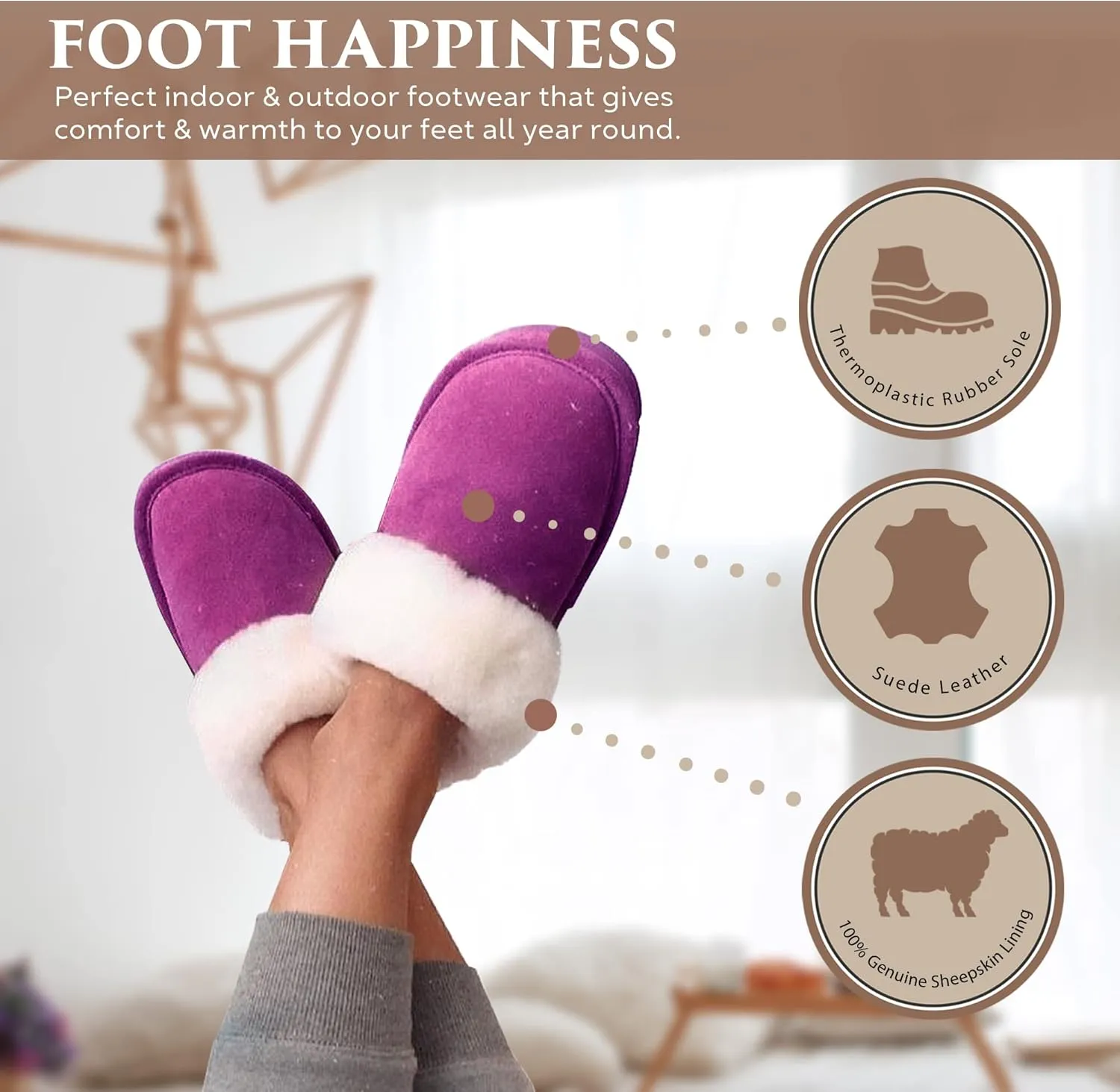Indoor Outdoor Scuff House Slippers for Women - Genuine Sheepskin Slip-on Slippers