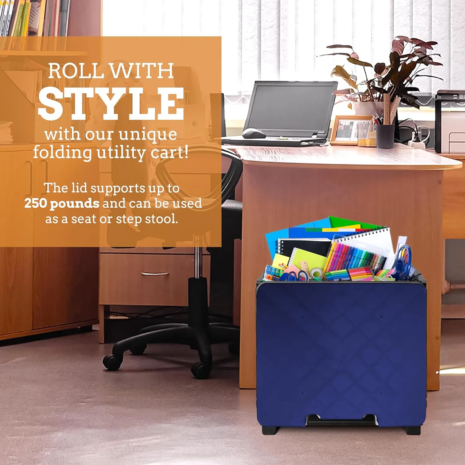 Inspired Living Collapsible Ultra-Slim Pack-N-Roll,2 Wheel Utility Cart w/Lid Used as Seat up to 250 Lbs, Telescopic Handle - Super Strong, for Home, Garden, Shopping, Office, School use, Large, Blue