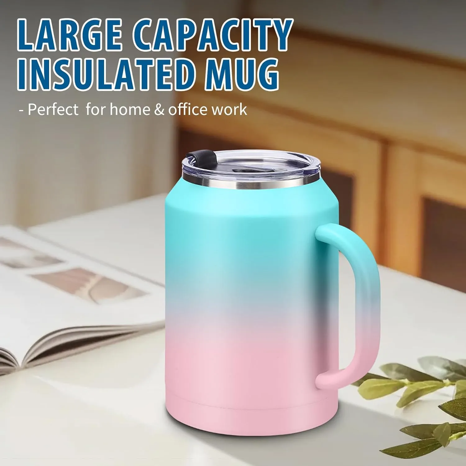 Insulated Tumbler with Lid and Straw - 50 oz Coffee Mugs w/Handle, Silicone Water Bottle Boot, Wide Mouth Stainless Steel Large Flask Jug, Office Home Work Travel Cup Keep Cold 36 Hrs