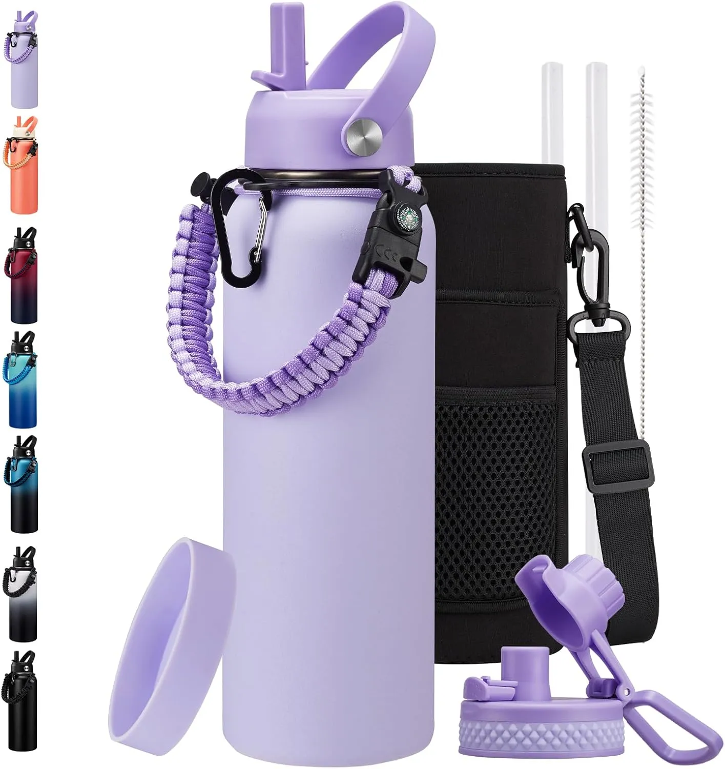 Insulated Water Bottle 40oz - Triple Wall Metal Water Bottles with Straw & Spout Lid, Paracord Handle, Bottle Carrier Bag, Water Bottles Stainless Steel 40 oz