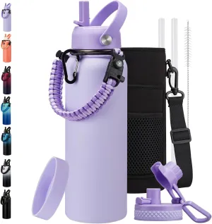 Insulated Water Bottle 40oz - Triple Wall Metal Water Bottles with Straw & Spout Lid, Paracord Handle, Bottle Carrier Bag, Water Bottles Stainless Steel 40 oz