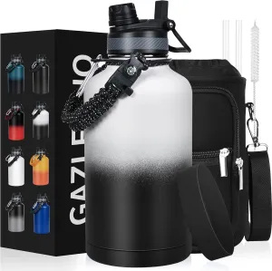 Insulated Water Bottle 64 oz, Half Gallon Water Jug Cold 48H, BPA Free Stainless Steel Bottles with Straw/Chug 2-in-1 Lid, Bag, Paracord Handle, Silicone Boot, Sports Gym School Metal Flask