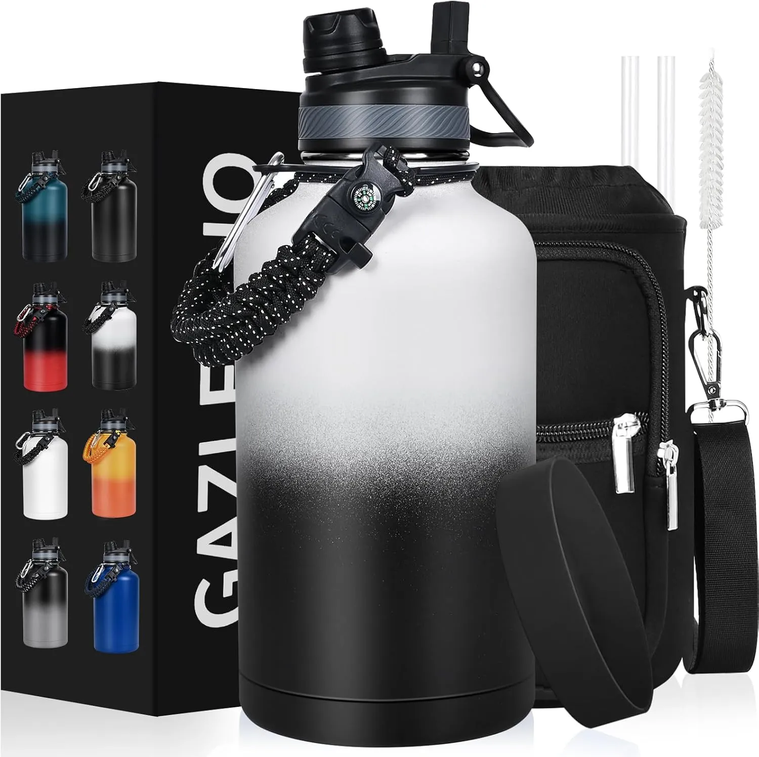 Insulated Water Bottle 64 oz, Half Gallon Water Jug Cold 48H, BPA Free Stainless Steel Bottles with Straw/Chug 2-in-1 Lid, Bag, Paracord Handle, Silicone Boot, Sports Gym School Metal Flask