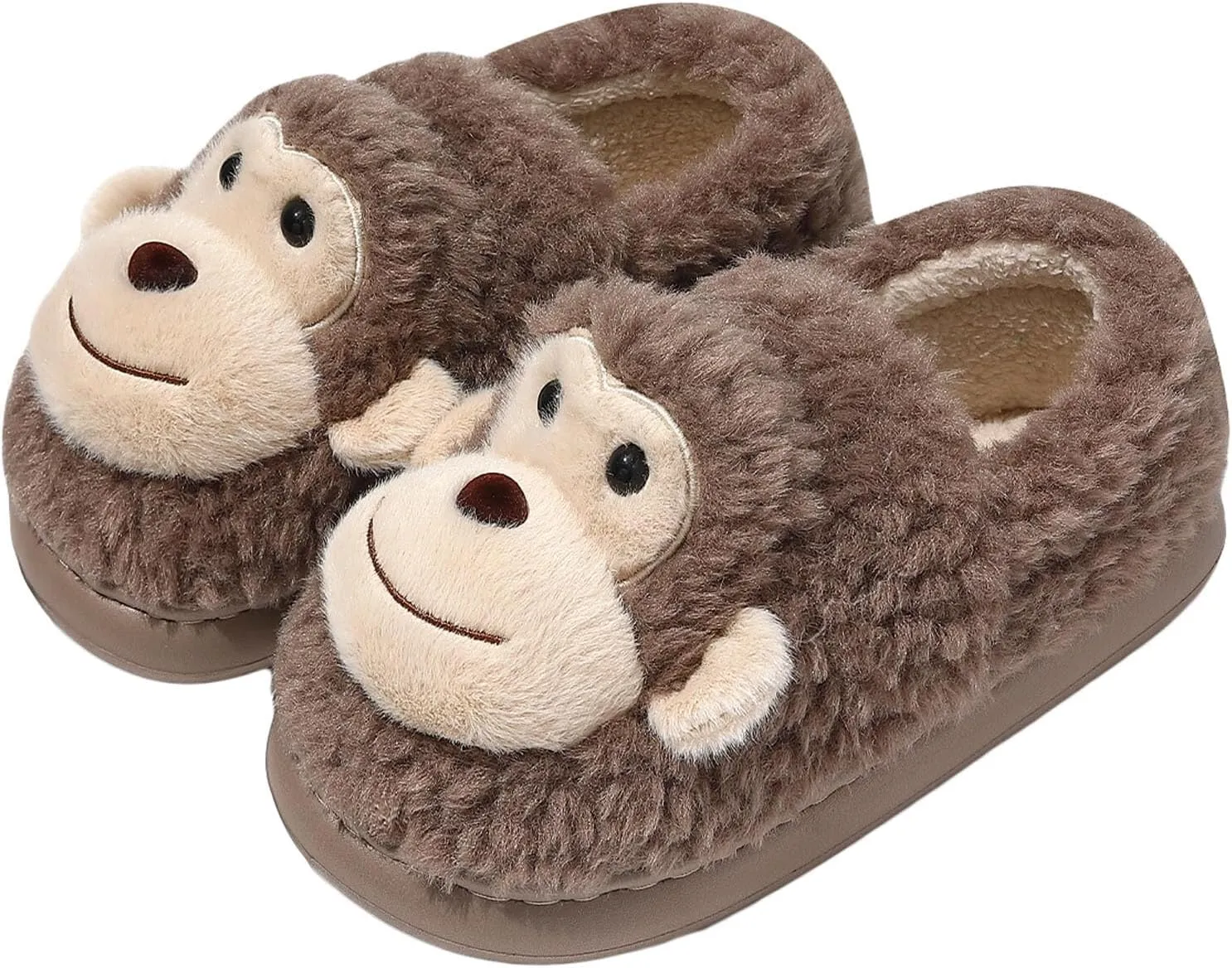 JadeRich Women Men Cartoon Monkey Slippers Soft Fleece Warm Non-Slip Heel Covering Cushioned House Shoes Indoor Outdoor